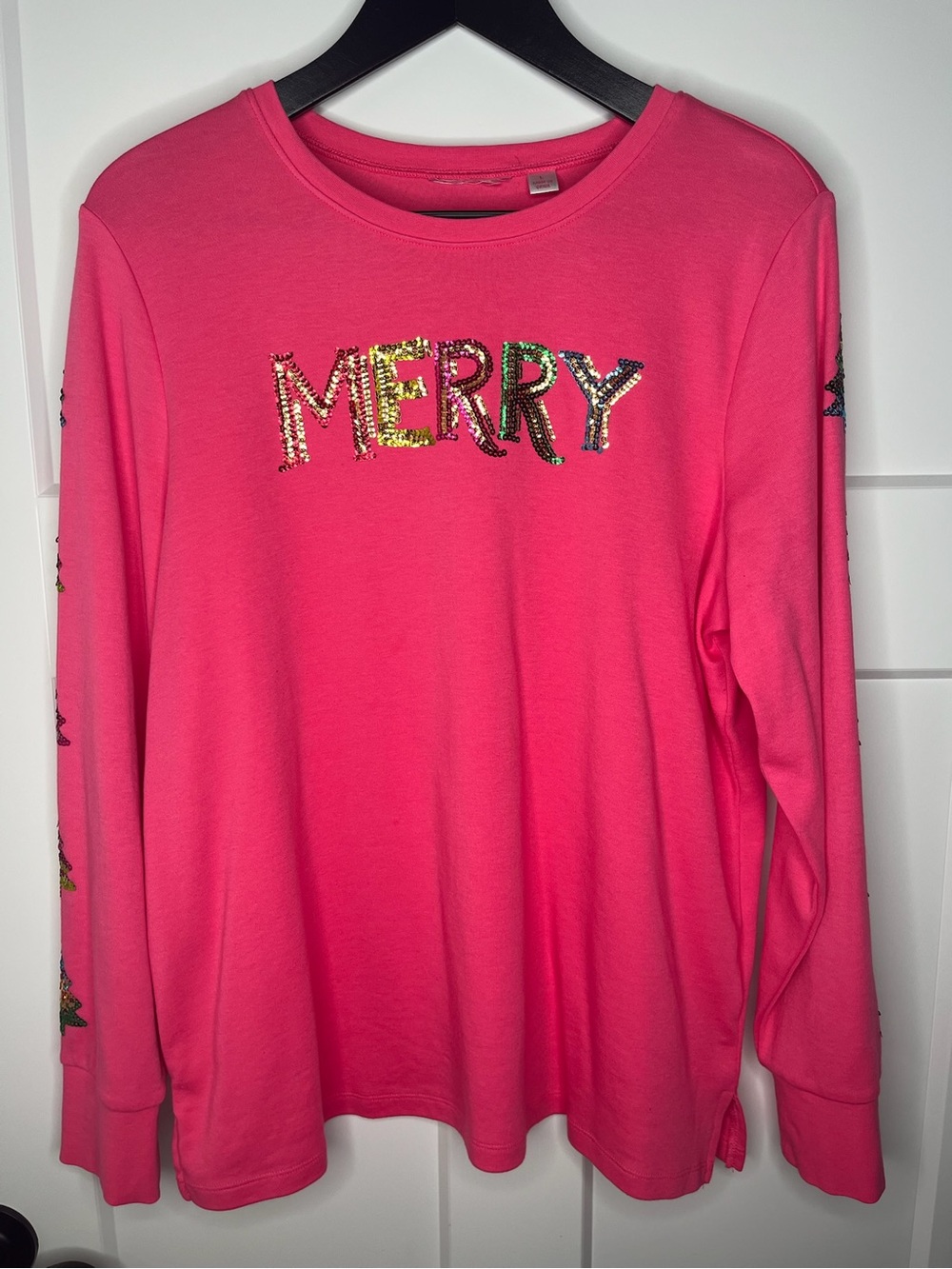 Quacker Factory Pink 'Merry' Sequin Long-Sleeve Christmas Holiday Top Size Large